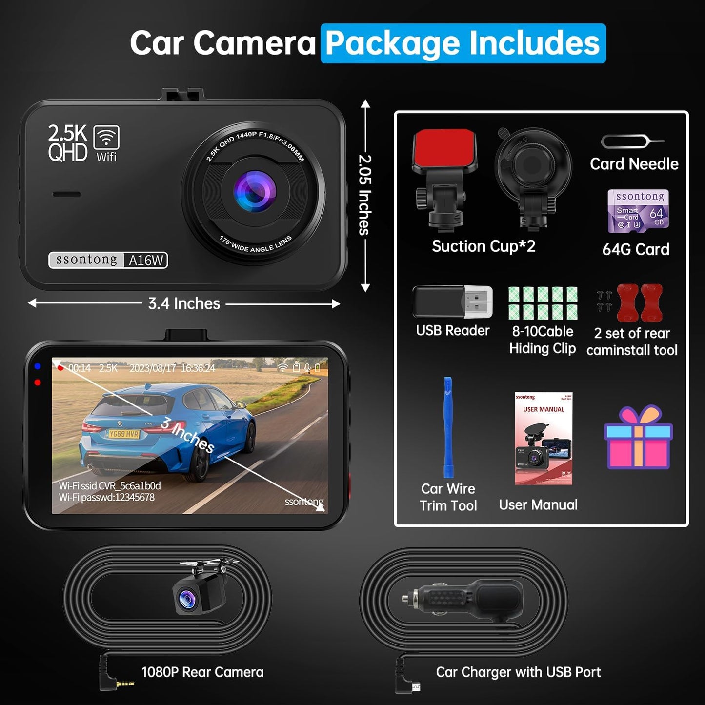 2.5K Front + 1080P Rear Dual Dash Cam with 64GB Card