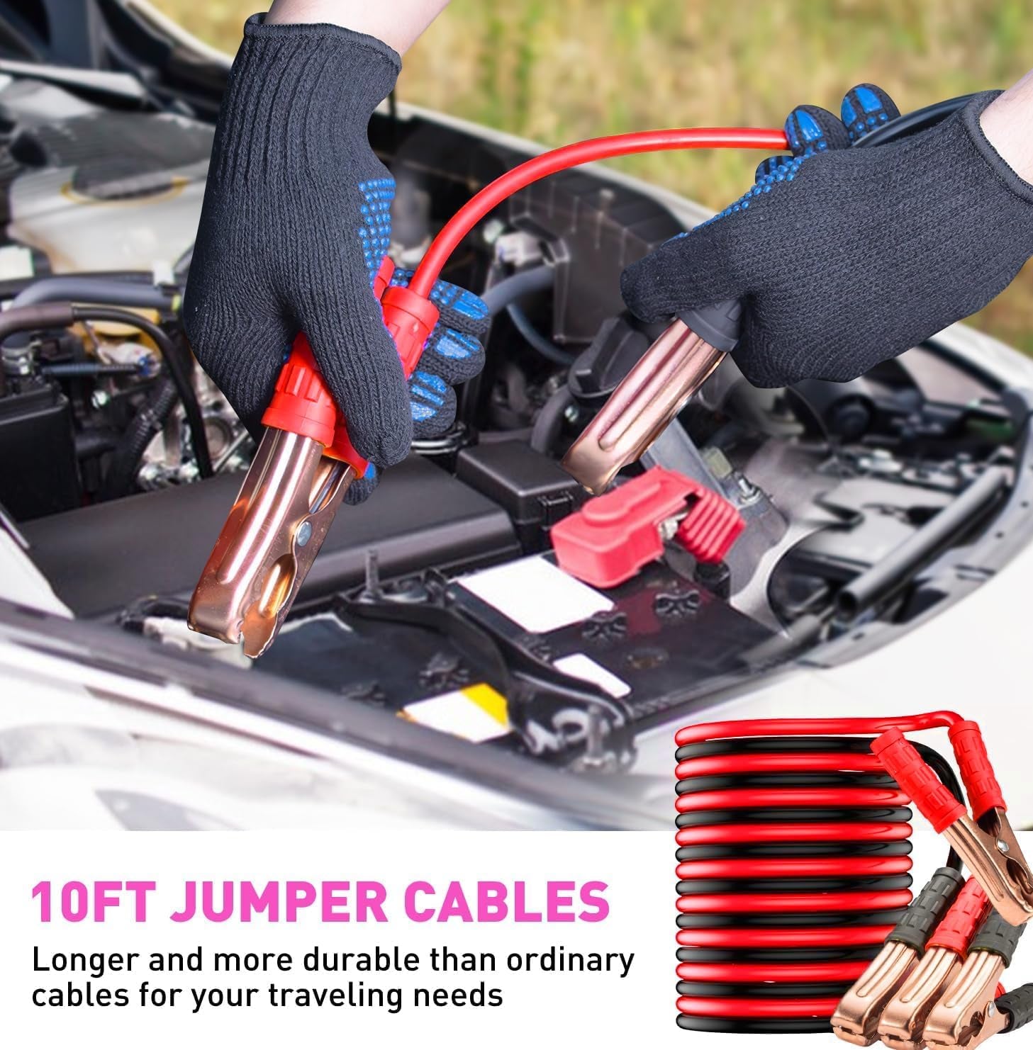 Roadside Emergency Car Kit — Jumper Cables, First Aid & Tow Strap (Black)