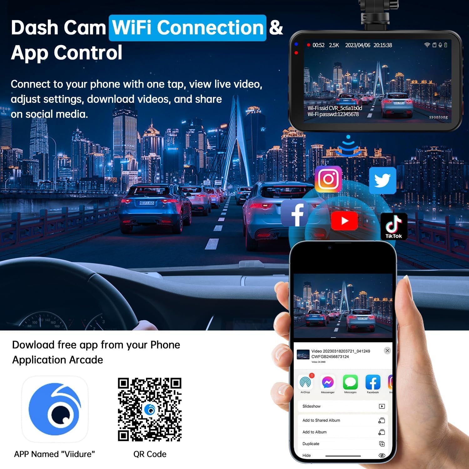 2.5K Front + 1080P Rear Dual Dash Cam with 64GB Card