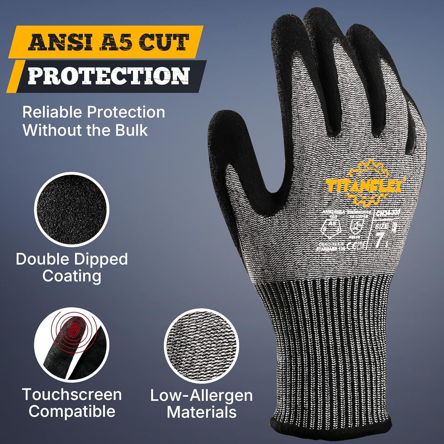 ANSI A5 Cut-Resistant Work Gloves — Sandy Nitrile Grip