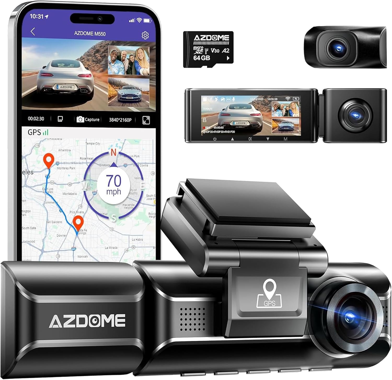 3-Channel 4K Dash Cam — Front, Cabin & Rear with GPS