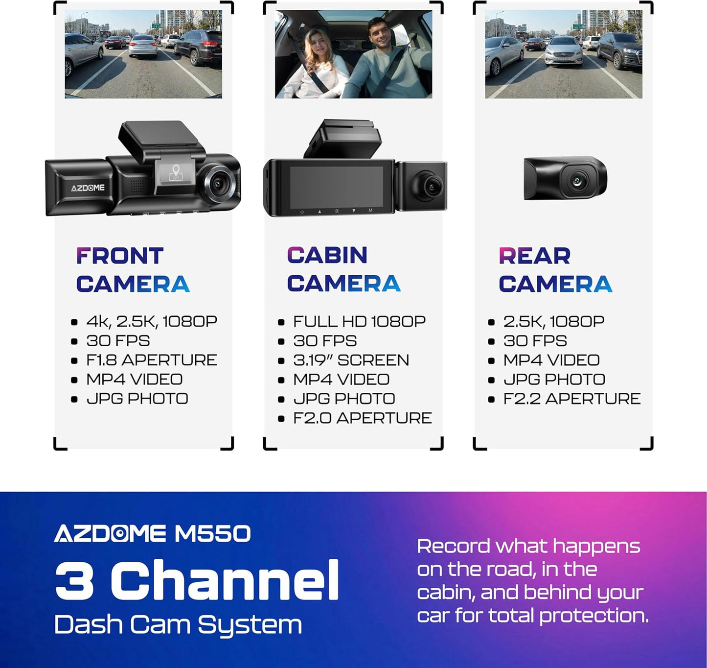 3-Channel 4K Dash Cam — Front, Cabin & Rear with GPS
