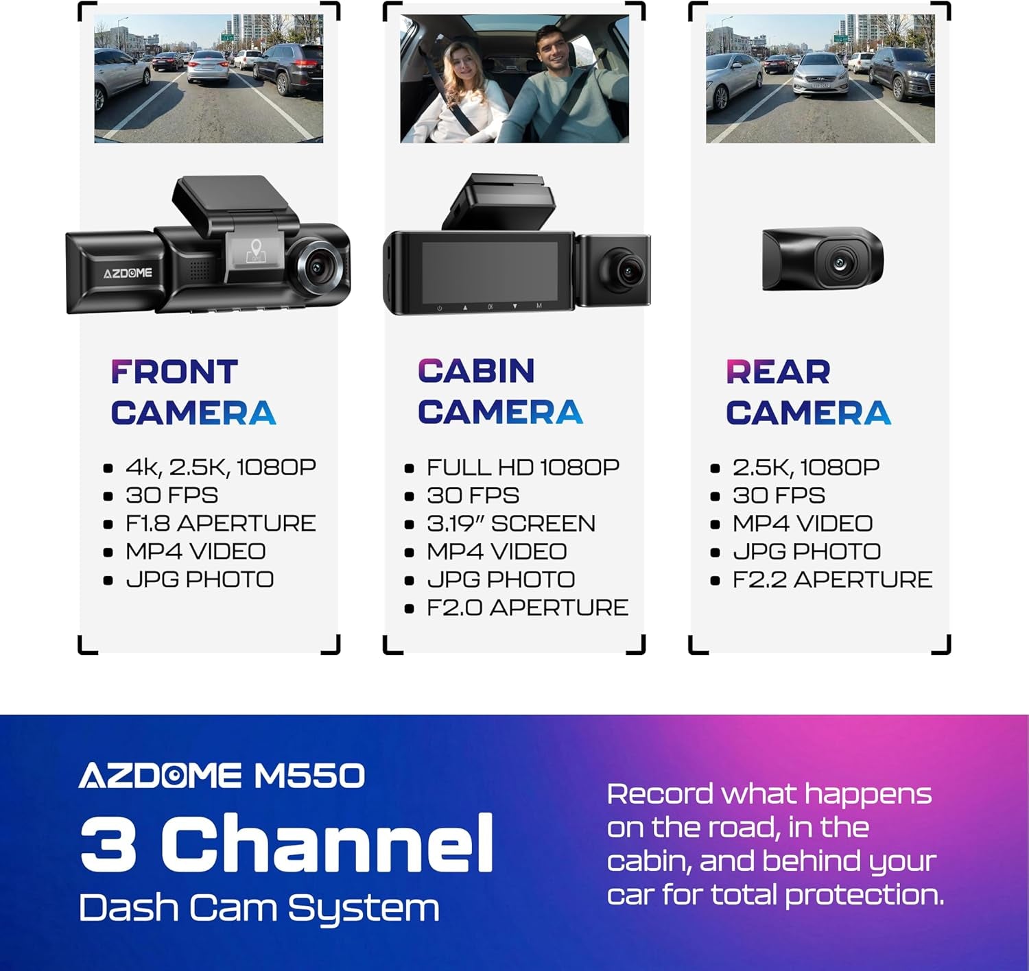 3-Channel 4K Dash Cam — Front, Cabin & Rear with GPS