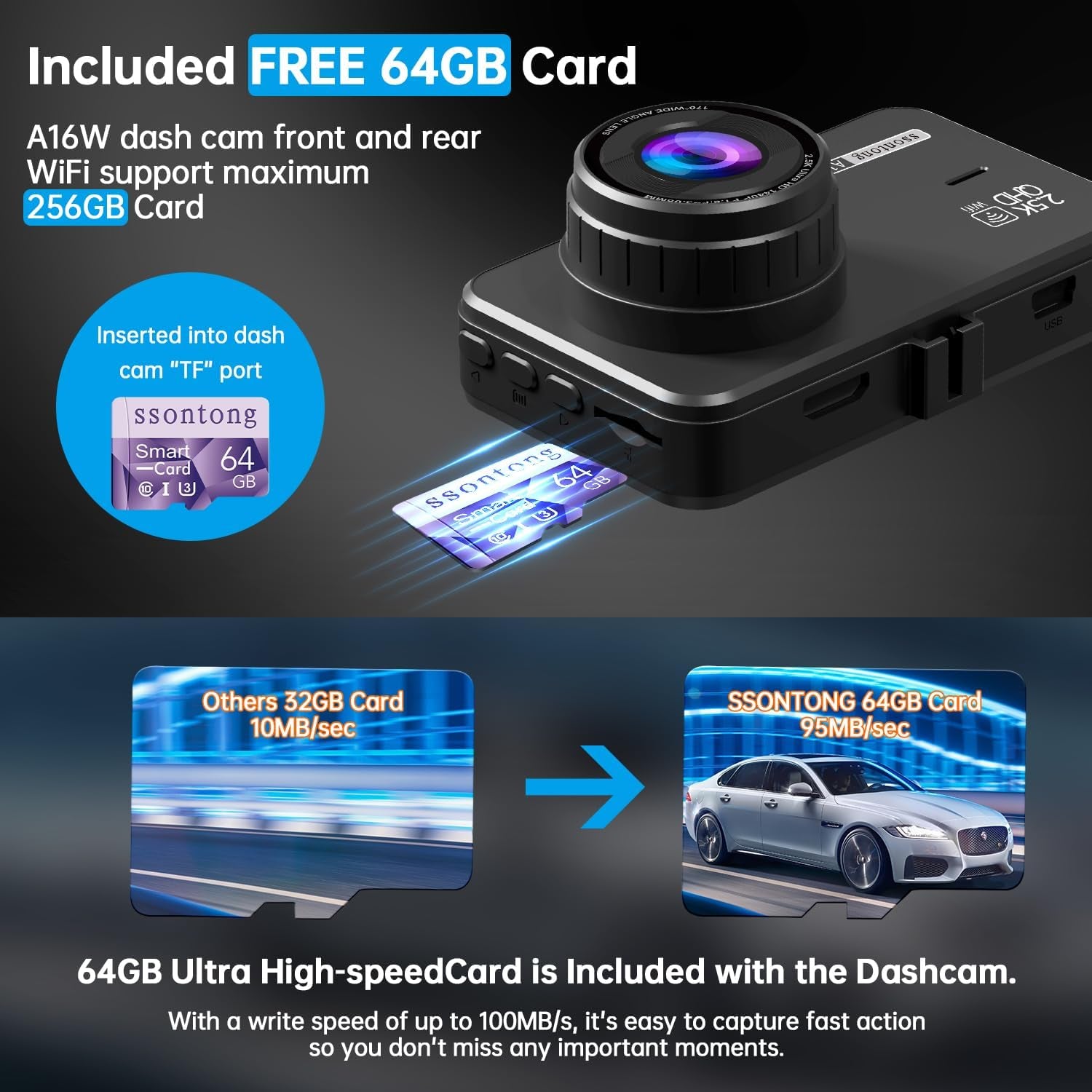2.5K Front + 1080P Rear Dual Dash Cam with 64GB Card
