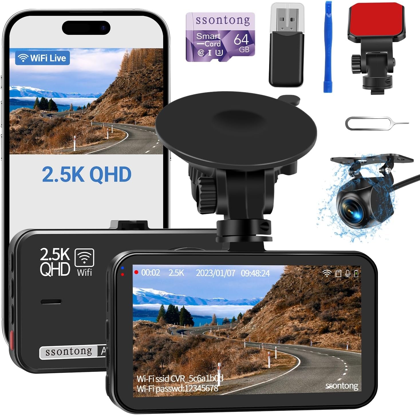 2.5K Front + 1080P Rear Dual Dash Cam with 64GB Card