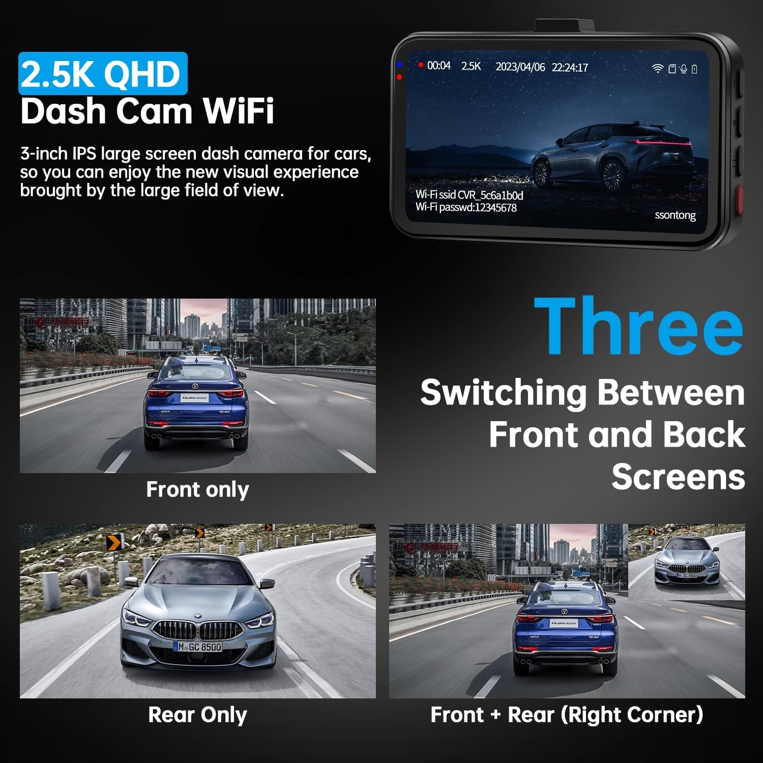2.5K Front + 1080P Rear Dual Dash Cam with 64GB Card