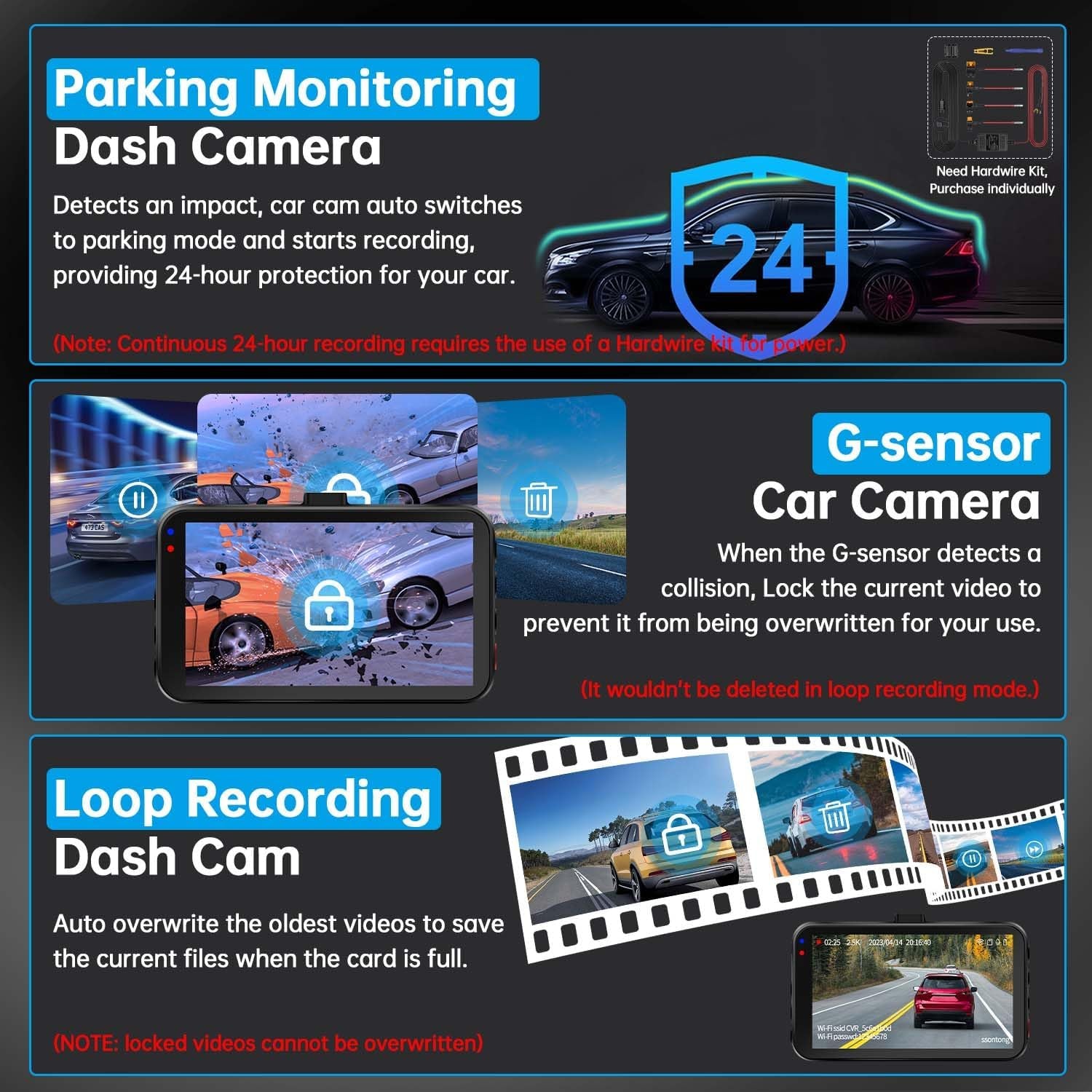 2.5K Front + 1080P Rear Dual Dash Cam with 64GB Card