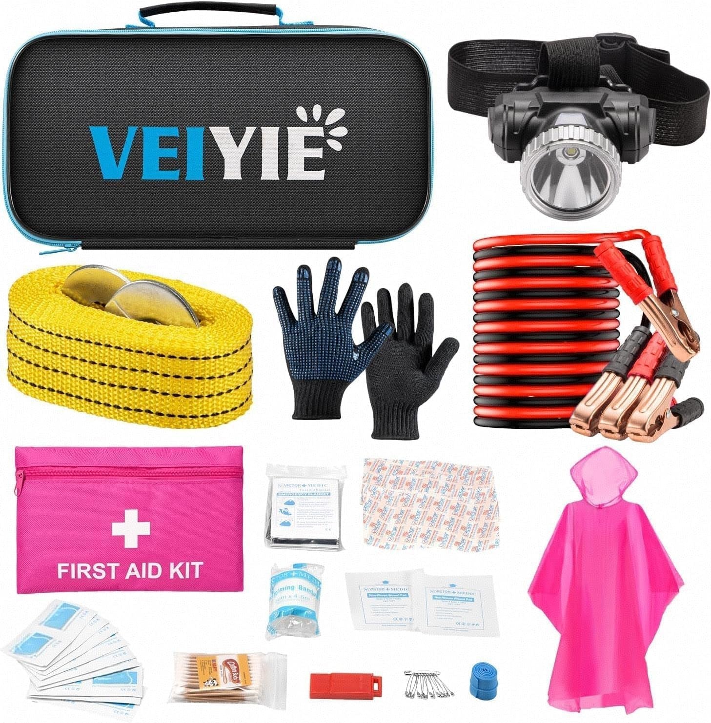 Roadside Emergency Car Kit — Jumper Cables, First Aid & Tow Strap (Black)