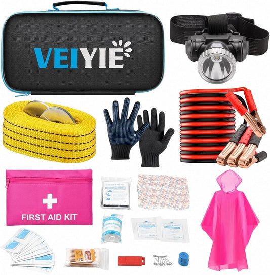 Roadside Emergency Car Kit — Jumper Cables, First Aid & Tow Strap (Black)