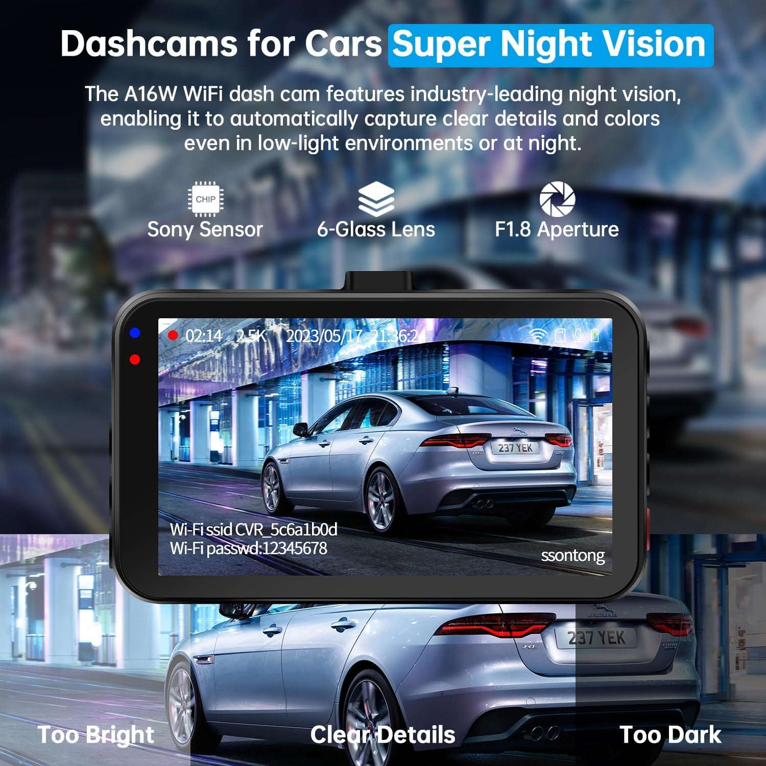 2.5K Front + 1080P Rear Dual Dash Cam with 64GB Card