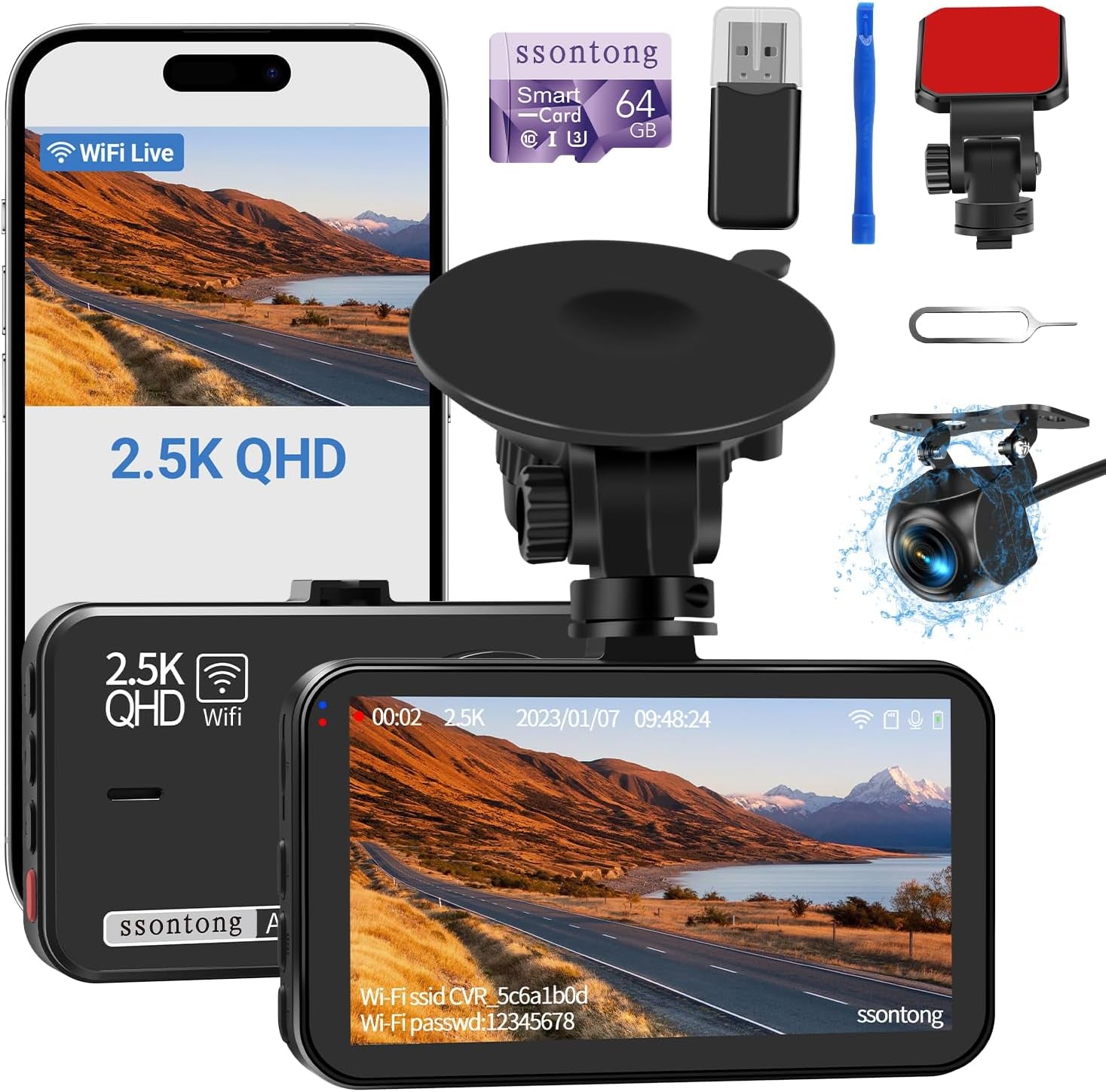 2.5K Front + 1080P Rear Dual Dash Cam with 64GB Card