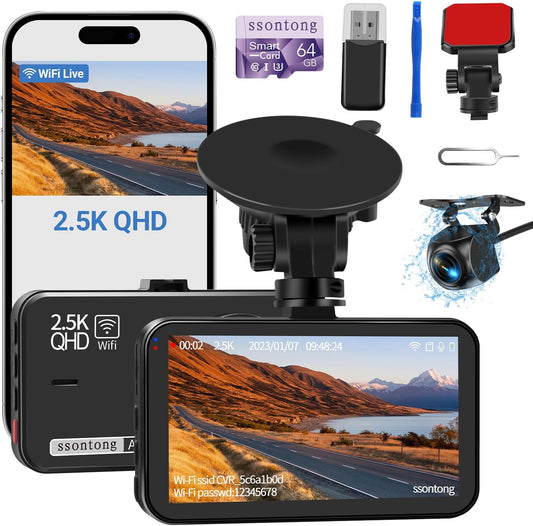 2.5K Front + 1080P Rear Dual Dash Cam with 64GB Card