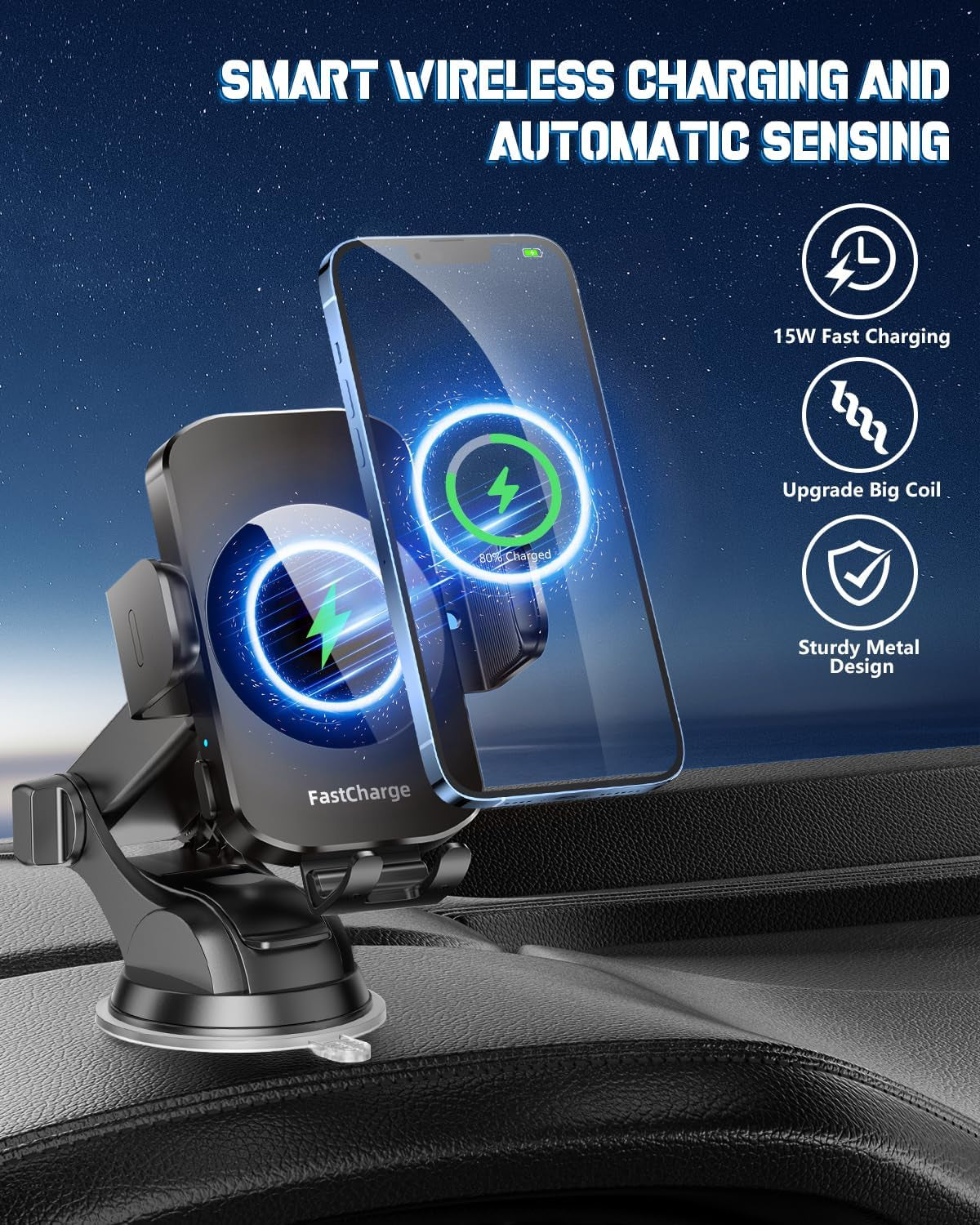 Wireless Car Charger Mount — 15W Fast Charging, Auto-Clamping