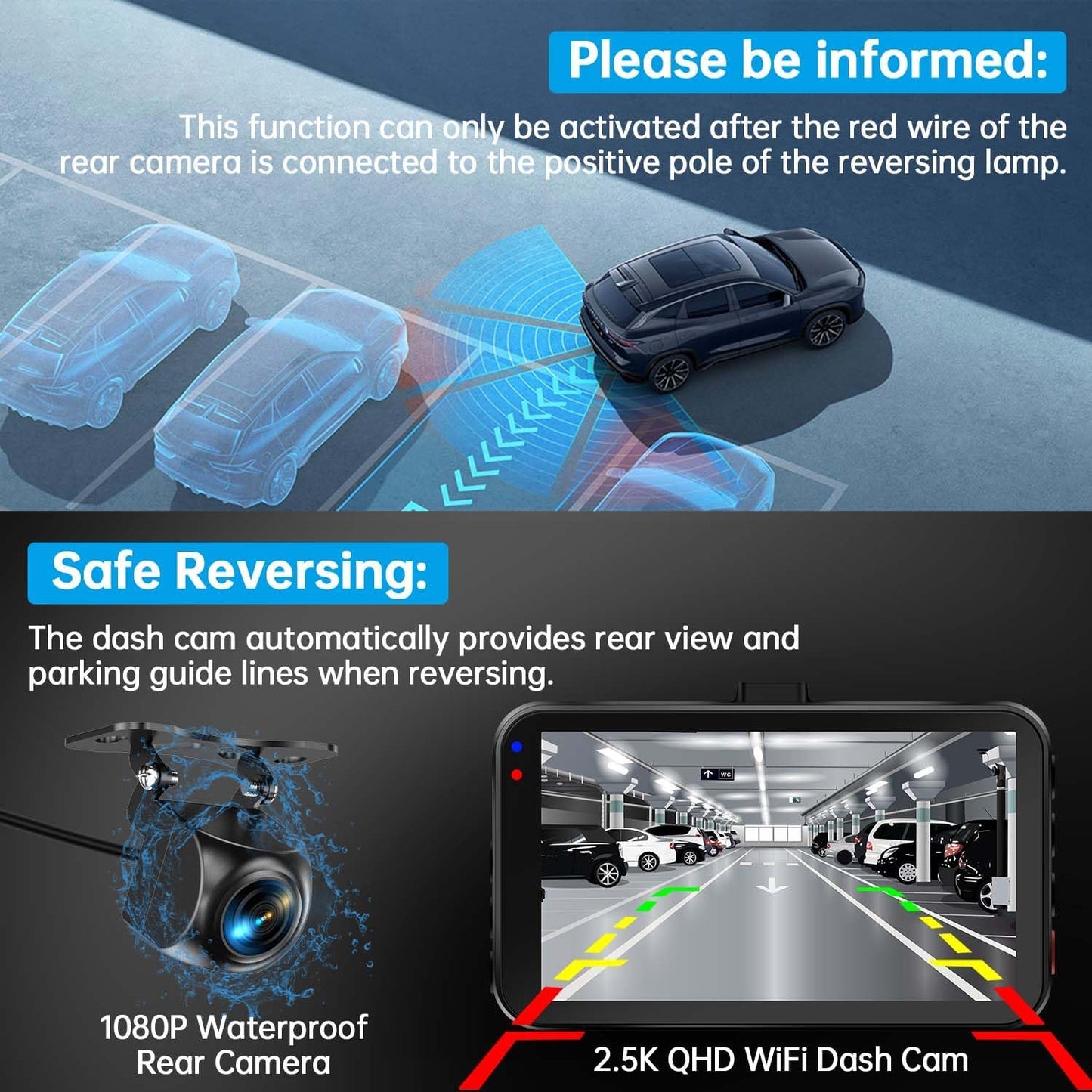 2.5K Front + 1080P Rear Dual Dash Cam with 64GB Card