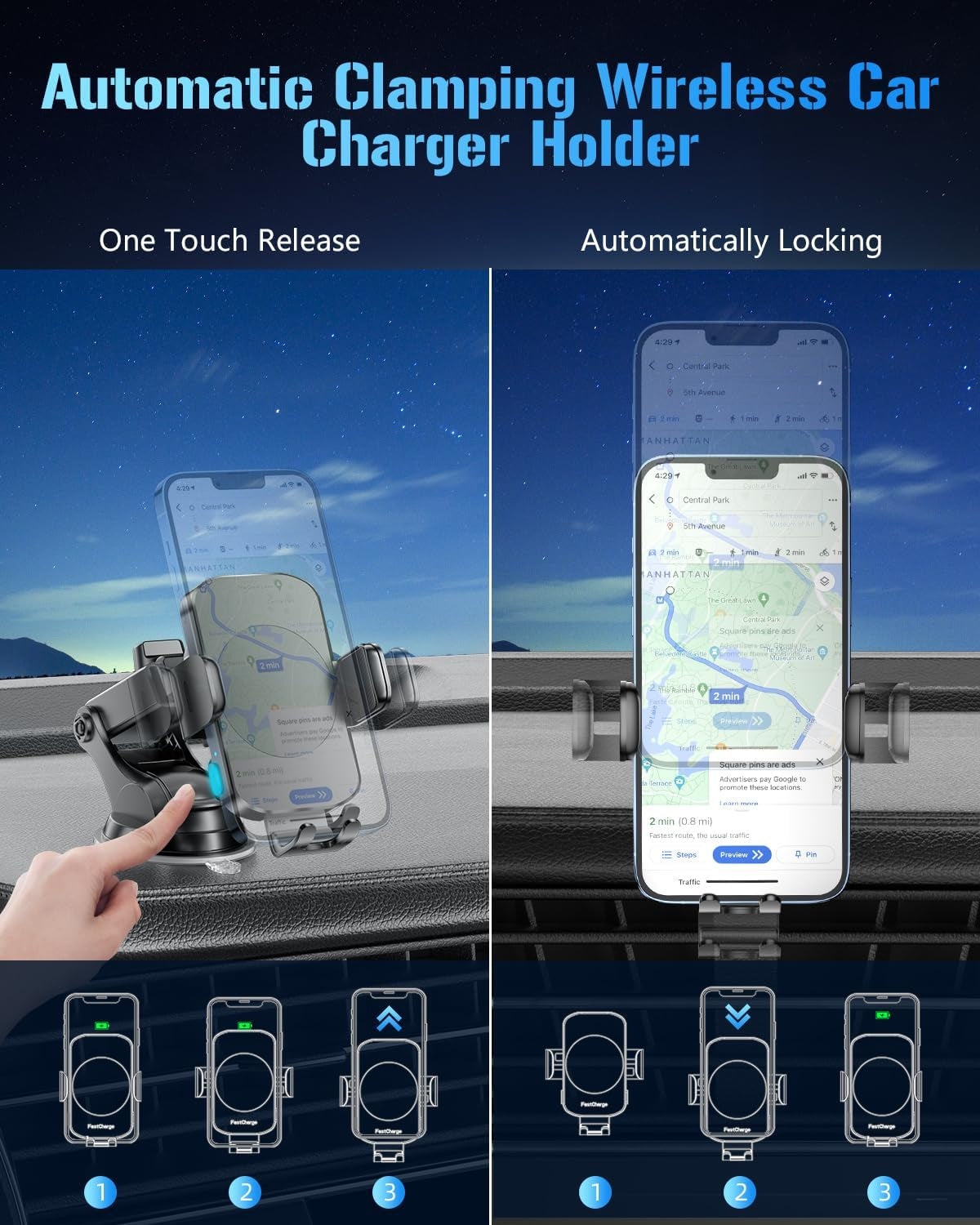 Wireless Car Charger Mount — 15W Fast Charging, Auto-Clamping